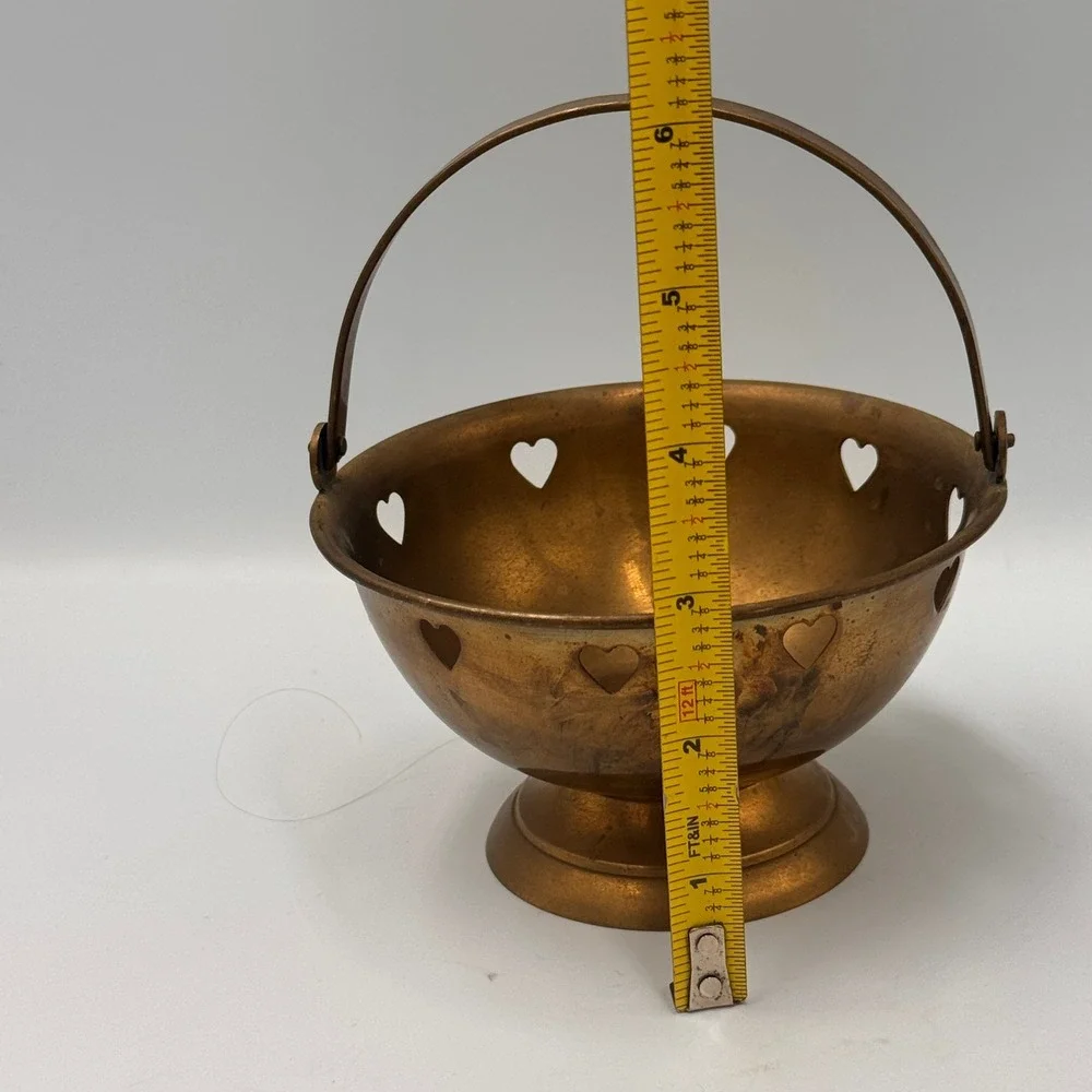 Vintage Brass Heart Cutout Footed Basket Swing Handle Made in India Bowl 5 inch